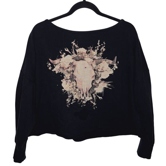 Rare VTG Denim & Supply Ralph Lauren Cow Skull Sweatshirt Crochet S Western Crop - Picture 1 of 12